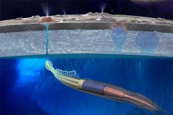 An artist's rendering depicts a soft robotic rover, resembling a squid or lamprey, that can swim though oceans.
