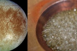 Europa and sea salt, discolored by radiation exposure like what may be found on the surface of Europa.