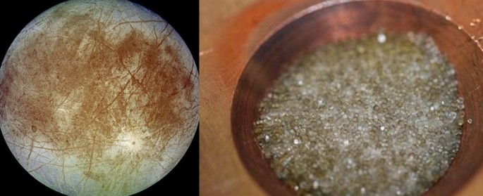 Europa and sea salt, discolored by radiation exposure like what may be found on the surface of Europa.