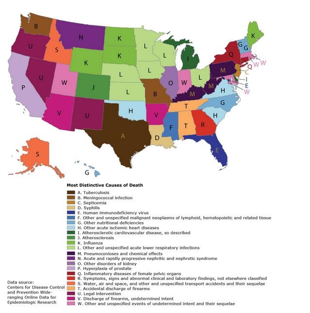 CDC map showing the leading cause of death per state above the national average