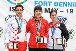 Gold medalist Chang Jing (China) with co-winners at the ISSF World Cup Rifle/Pistol on May 17, 2015, in Fort Benning, Georgia.
