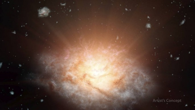 This artist's concept depicts the current record holder for the most luminous galaxy in the universe. The galaxy, WISE J224607.57-052635.0, is erupting with light equal to more than 300 trillion suns. It was discovered using data from NASA's WISE mission.