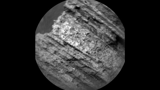 This May 15, 2015, image from the Chemistry and Camera (ChemCam) instrument on NASA's Curiosity Mars rover shows detailed texture of a rock target called "Yellowjacket" on Mars' Mount Sharp.