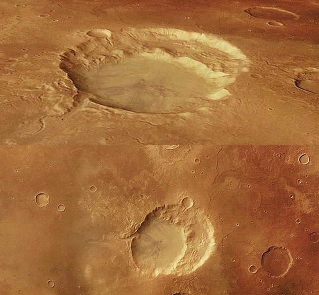 Two views of the shattered Siloe Patera supervolcano on Mars