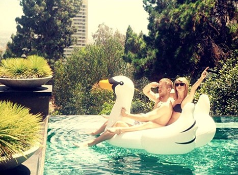 Bikini Clad Taylor Swift Rides Inflatable Swan While Sitting Closely With Rumored Boyfriend Calvin Harris