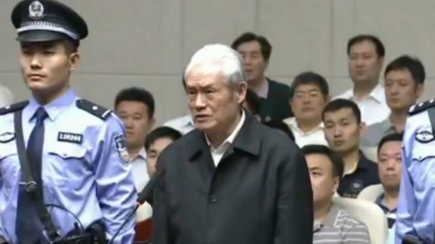 A screen grab taken from state TV footage shows former Chinese security chief Zhou Yongkang on trial at the Intermediate People's Court in Tianjin.