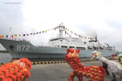 Chinese oceanographic research ship Zhu Kezhen being greeted by a Lion Dance upon arrival in Guayaquil Port, Ecuador, on June 7, 2015.