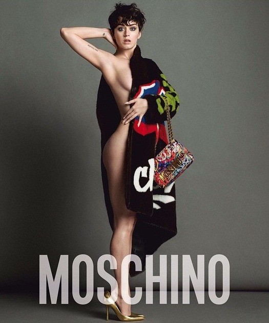 Katy Perry flaunts her curvy body for the Moschino ad campaign.