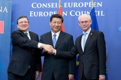 EU leaders José Manuel Barroso and Herman Van Rompuy welcome Chinese President Xi Jinping to EU headquarters, Brussels, in March 2014.