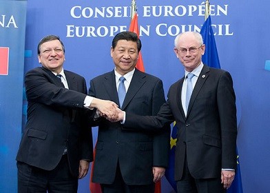 EU leaders José Manuel Barroso and Herman Van Rompuy welcome Chinese President Xi Jinping to EU headquarters, Brussels, in March 2014.