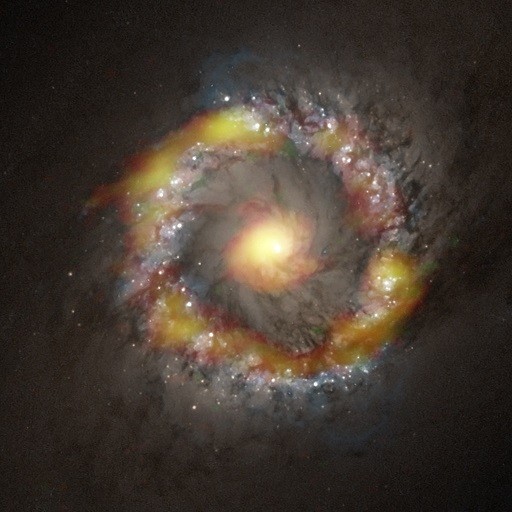 Central region of NGC 1097 observed with ALMA. The distribution of hydrogen cyanide (HCN) is indicated in red and formyl cation (HCO+) in green, and synthesized with an optical image taken by the Hubble Space Telescope. 