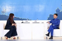 Global style icon Miroslava Duma interviews the executive chairman of the Alibaba Group, Jack Ma Yun, at the St. Petersburg International Economic Forum.