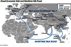 A map showing the Silk Road Economic Belt and Maritime Silk Road proposed by China.