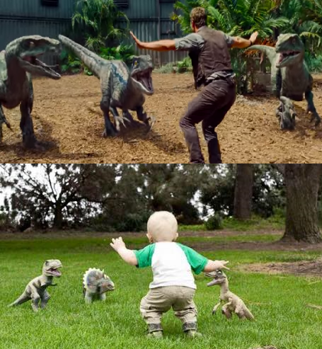 Chris Pratt shares a photo of a kid re-creating his famous "Jurassic World" scene with three dinosaurs.