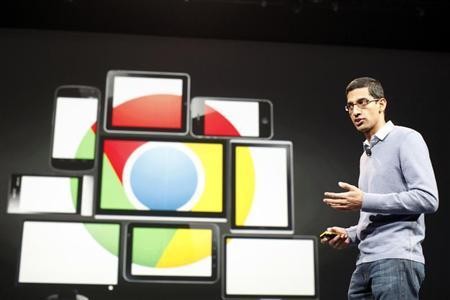 Sundar Pichai, senior vice president of Google Chrome, speaks during Google I/O. 