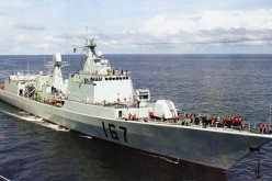 A photo of the Chinese destroyer ship Shenzhen in a naval exercise. 