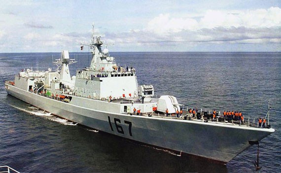 A photo of the Chinese destroyer ship Shenzhen in a naval exercise. 