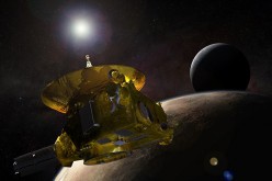 Artist's concept of the New Horizons spacecraft encountering Pluto and its largest moon, Charon, in July 2015. 