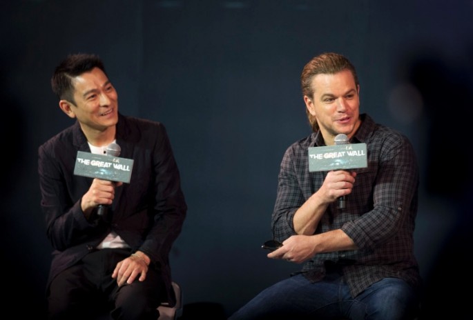Actor Matt Damon speaks next to Hong Kong movie star Andy Lau during a July 2 press conference for their movie "The Great Wall."