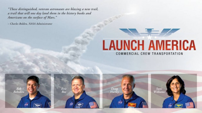 NASA has selected experienced astronauts Robert Behnken, Eric Boe, Douglas Hurley and Sunita Williams to work closely with The Boeing Company and SpaceX to develop their crew transportation systems and provide crew transportation services to and from the 