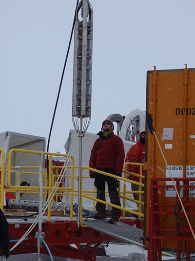 UCSC researchers lowered a geothermal probe through a borehole in the West Antarctic ice sheet to measure temperatures in the sediments beneath half a mile of ice.