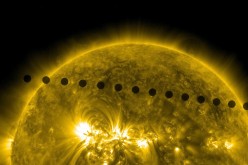 Composite of images of the Venus transit taken by NASA's Solar Dynamics Observatory on June 5, 2012. The image, taken in 171 angstroms, shows a timelapse of Venus's path across the sun in 2012. 