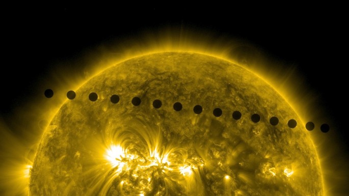 Composite of images of the Venus transit taken by NASA's Solar Dynamics Observatory on June 5, 2012. The image, taken in 171 angstroms, shows a timelapse of Venus's path across the sun in 2012. 