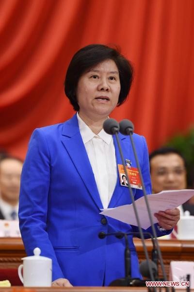 Shen Yueyue speaks during the third session of the 12th National People's Congress held at the Great Hall of the People on March 8, 2015.