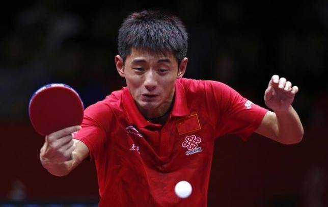 China's Zhang Jike hits a return during the men's final match at the World Team Table Tennis Championships in Tokyo, May 5, 2014.