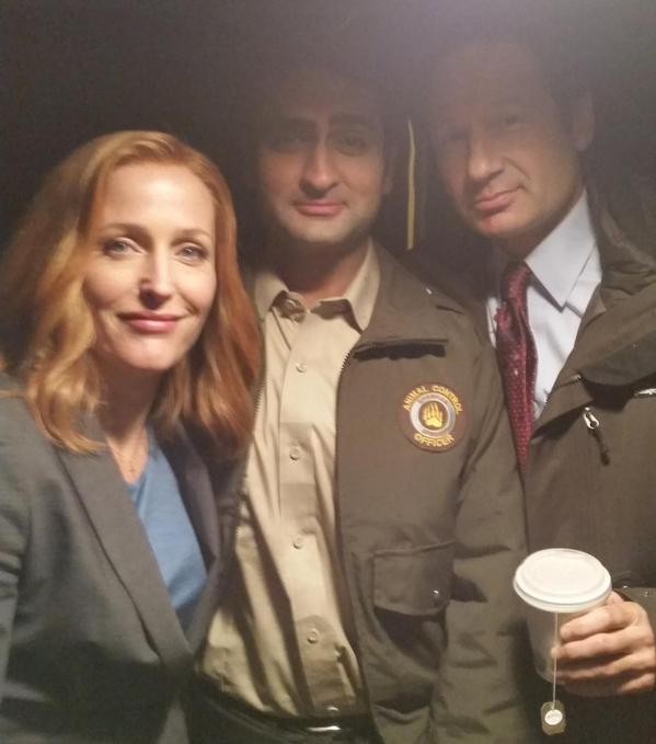 Kumail Nanjiani, a stand-up comedian and actor tweets a photo on set of “The X-Files” revival alongside lead cast David Duchovny and Gillian Anderson as Mulder and Scully.