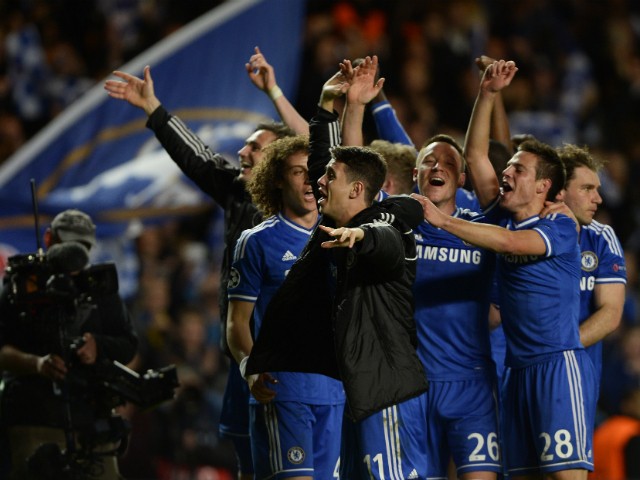Chelsea players celebrate at the end of their Champions League quarterfinal second leg match against Paris St Germain.