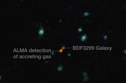 This view is a combination of images from ALMA and the Very Large Telescope. The central object is a very distant galaxy, labelled BDF 3299, which is seen when the Universe was less than 800 million years old.