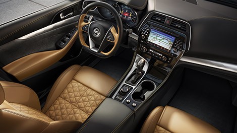 Interior display of the 2016 Nissan Maxima luxury sedan. 