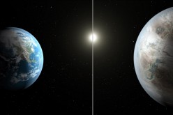 This artist's concept compares Earth (left) to the new planet, called Kepler-452b, which is about 60 percent larger in diameter.
