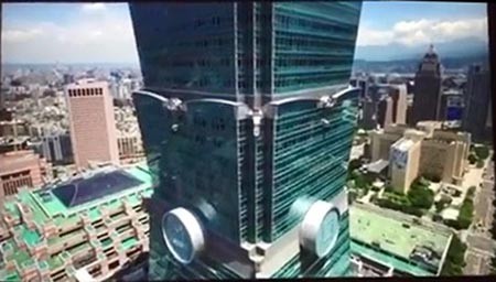 A still from the video footage recorded by the drone, a Phantom 3 model, shortly before it hit the Taipei 101 building on July 21, 2015.