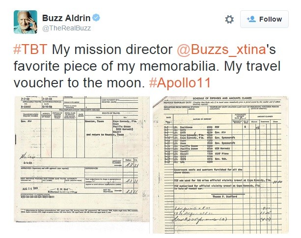 Apollo 11 astronaut Buzz Aldrin reveals his travel voucher to the moon.