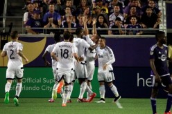 Vancouver FC forward Octavio Rivero (29) is congratulated by teammates after he made the game winning goal during the second half at Orlando Citrus Bowl. 