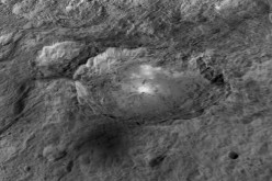 The intriguing brightest spots on Ceres lie in a crater named Occator, which is about 60 miles (90 kilometers) across and 2 miles (4 kilometers) deep.