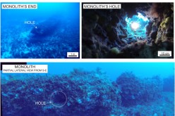 Underwater composite photographs taken from divers, showing the discovered monolith and some details.
