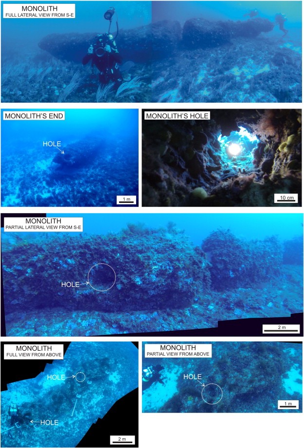 Underwater composite photographs taken from divers, showing the discovered monolith and some details.