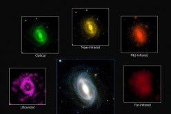 This composite picture shows how a typical galaxy appears at different wavelengths in the GAMA survey. This huge project has measured the energy output of more than 200 000 galaxies and represents the most comprehensive assessment of the energy output of 