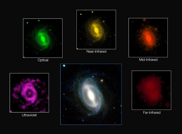This composite picture shows how a typical galaxy appears at different wavelengths in the GAMA survey. This huge project has measured the energy output of more than 200 000 galaxies and represents the most comprehensive assessment of the energy output of 