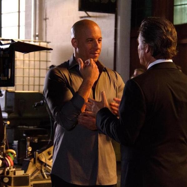 "Furious 8" star Vin Diesel talks to Kurt Russell.