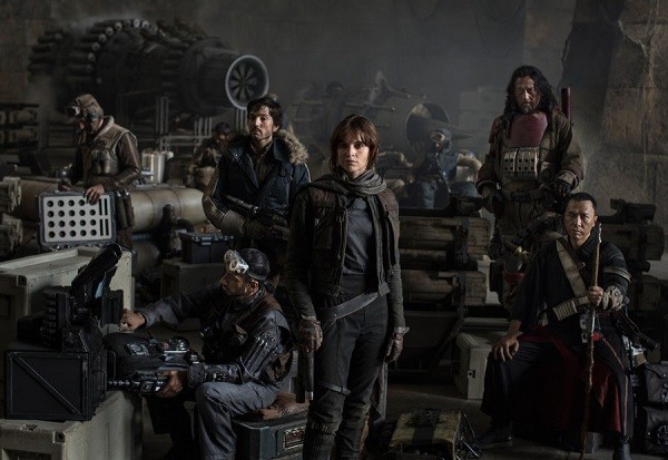 Long-haired, bearded Jiang Wen and Donnie Yen together with the other cast of “Rogue One: A Star Wars Story.”