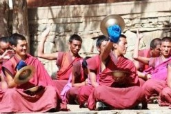 Monks from Labrang Monastery practice their musical skills. 