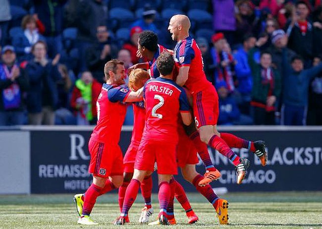 Chicago Fire celebrates a goal against Toronto FC at the Toyota Park in a 2015 MLS regular season game.