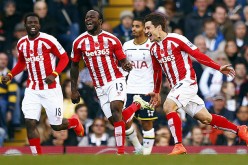 Stoke City striker Bojan Krkic (R) celebrates his incredible solo goal against Tottenham Hotspur during a previous match.