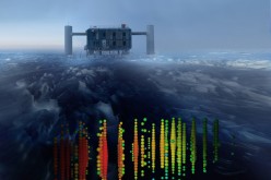 This photo illustration shows one of the highest-energy neutrino events of this study superimposed on a view of the IceCube Lab (ICL) at the South Pole. Evidence of the neutrinos heralds a new form of astronomy.