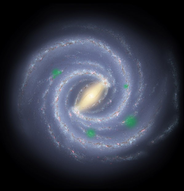 In this theoretical artist's conception of the Milky Way galaxy, translucent green "bubbles" mark areas where life has spread beyond its home system to create cosmic oases, a process called panspermia.