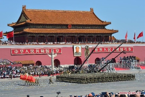 The phalanx honoring the "Mount Langyashan Five Heroes" troop attends a parade in Beijing, capital of China, Sept. 3, 2015. 